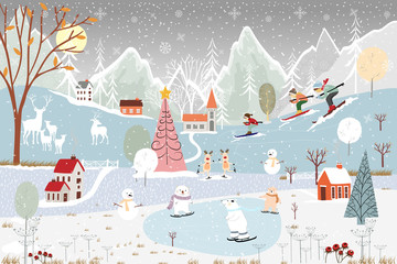 Christmas background, Winter landscape,Vector horizontal banner of winter wonderland at countryside with snowy, polar bear playing ice skates in the winter park and family skiing on the mountain