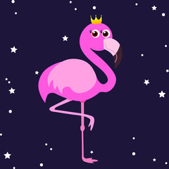 Cute flamingo, golden crown, vector illustration