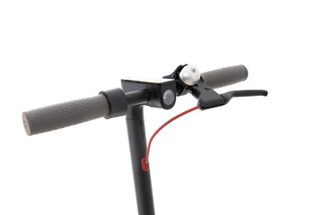 Close-up of electric scooter steering wheel on white isolated background