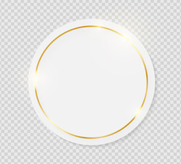 Gold shiny glowing vintage frame on white plate isolated on transparent background. Golden luxury realistic border. Wedding, mothers or Valentines day concept. Xmas and New Year paper abstract. Vector