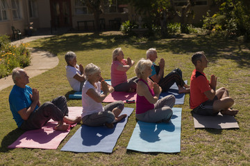 Trainer training senior people in performing yoga