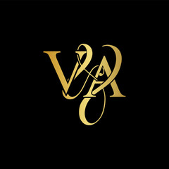 Initial letter V & A VA luxury art vector mark logo, gold color on black background.
