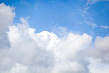 Stunningly blue sky with lots of clouds of different white and gray on a bright sunny day. Great texture of clouds and summer sky