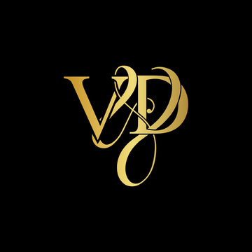 Initial letter V & D VD luxury art vector mark logo, gold color on black background.