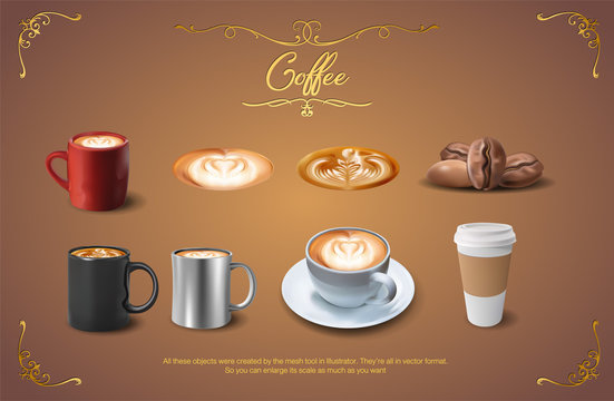 A clipart set of realistic coffee, coffee beans, latte art, cappuccino art, coffee mug, take away cup.