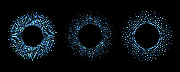 Round frames set, collection. Ring shape, circle made of long drops, droplets, uneven dots, paint splashes, specks, tiny spots, water blobs. Radial templates for borders, backgrounds, design elements.