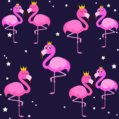 Cute flamingo, golden crown, vector illustration