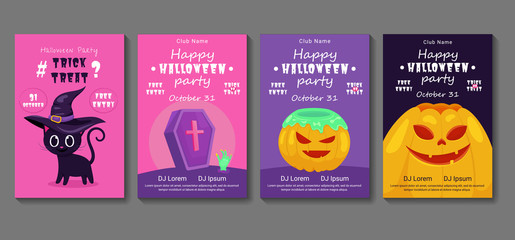 Vector set of Halloween party invitations or greeting cards with handwritten calligraphy and traditional symbols. Party promotion