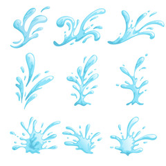Fototapeta na wymiar Cartoon water stylized waves and splashes set. Sea, ocean, pool symbols in comic style. Blue water drops. Vector illustrations collection isolated on white.