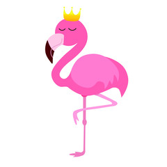Cute flamingo, golden crown, vector illustration