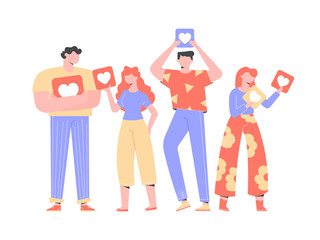 Group of people, men and women, stand in a row, holding signboards with hearts in their hands. Like, rate on social networks, chat in the messenger and comments on the blog. Vector illustration,