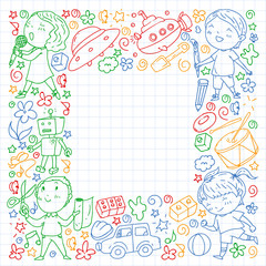 Painted by hand style pattern on the theme of childhood. Vector illustration for children design. Colorful drawing by pen on squared notebook