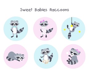 Set of vector illustrations with cute raccoons. Children's illustration. Posters to the nursery. Design element for children's textiles, notebooks, posters, cards and other uses.