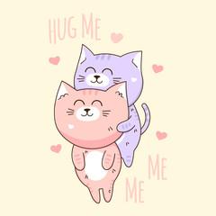 Cute kawaii baby cat ready for a hugging.  Funny cartoon pet on color background. Vector illustration with hand lettering phrase Hug Me 