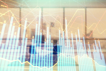 Business theme graph hologram with minimalistic cabinet interior background. Double exposure. Stock market concept.