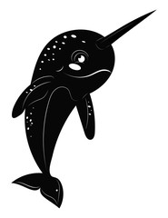 Cartoon narwhal. Cute fish unicorn. Fish with a horn. Children's illustration of a whale. Black and white drawing of narwhal. Tattoo. © Igor