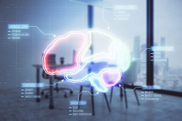 Brain sign hologram with minimalistic cabinet interior background. Double exposure. Study concept.