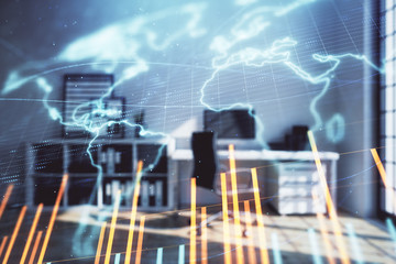 Forex chart hologram with map and minimalistic cabinet interior background. Double exposure. International business concept.