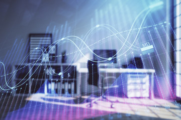Forex chart hologram with minimalistic cabinet interior background. Double exposure. Stock market concept.