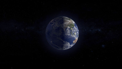 Fototapeta na wymiar Realsitic 3D Rendering of the Planet Earth with the contrast of Night and Day in the Milky Way Galaxy, Background and Wallpaper