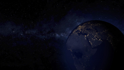 Realistic 3D Rendering of the Earth at Night in the Milky Way Galaxy, Background and Wallpaper