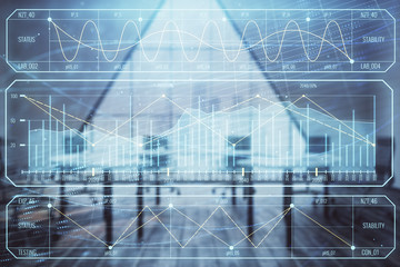 Double exposure of forex chart on conference room background. Concept of stock market analysis
