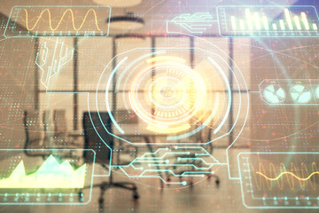 Double exposure of technlogy theme abstract hologram on conference room background. Concept of hightech