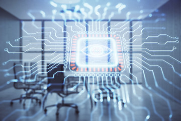 Double exposure of technlogy theme abstract hologram on conference room background. Concept of hightech