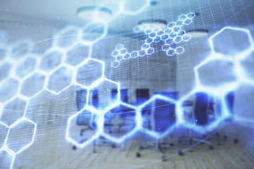 Fototapeta premium Double exposure of technlogy theme abstract hologram on conference room background. Concept of hightech