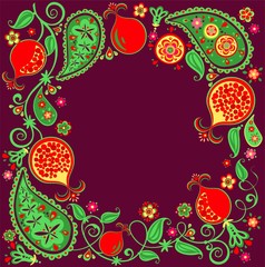Floral ethnic border with abstract pomegranate tree, fruit, flowers and paisley on dark lilac background