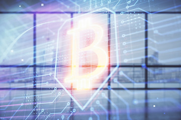 Double exposure of blockchain theme hologram on empty room interior background. Cryptocurrency concept.