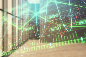 Double exposure of financial graph on empty room interior background. Forex market concept.