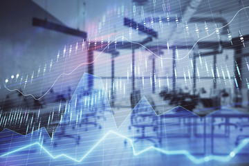 Stock and bond market graph with trading desk bank office interior on background. Multi exposure. Concept of financial analysis