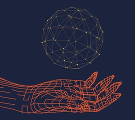 Polygonal hand and sphere. Wire frame style. 3d human parts. Connected lines with dots.