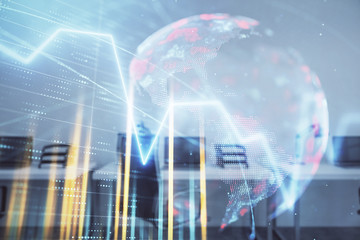 Stock and bond market graph and world map with trading desk bank office interior on background. Multi exposure. Concept of international finance