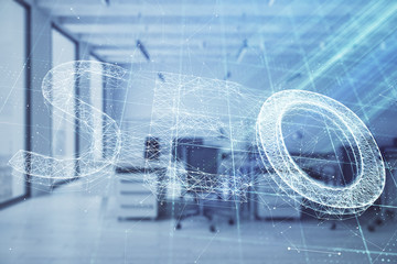 SEO icon hud with office interior on background. Double exposure. Concept of data search