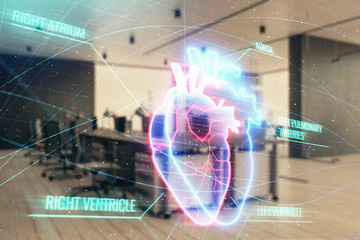 Heart drawing with office interior on background. Double exposure. Concept of medical education