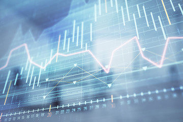 Stock market chart with trading desk bank office interior on background. Double exposure. Concept of financial analysis