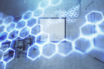 Technology theme drawing with office interior on background. Multi exposure. Concept of innovation