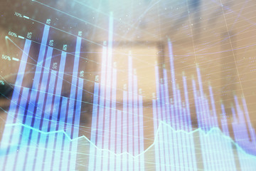 Stock market chart with trading desk bank office interior on background. Double exposure. Concept of financial analysis