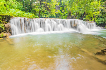 Fototapeta premium Huai Mae Khamin Waterfalls in Tropical Rainforest at Kanchanaburi Province, Thailand