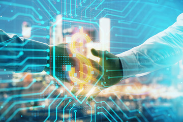 Double exposure of business theme drawing on cityscape background with handshake. Concept of partnership