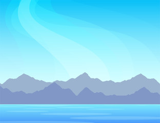 Fototapeta na wymiar Nature panorama with mountains on a sea. Scenic nature marine landscape illustration with copy space on top. Vector design for banner or wallpaper.