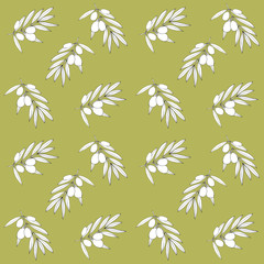 olives on a branch with leaves simple liner hand drawn on olive background seamless pattern.