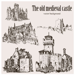 Obraz premium Medieval Castle Set. Sketch Graphic Drawing. Edwardian Seamless Pattern for Card. Victorian Style.