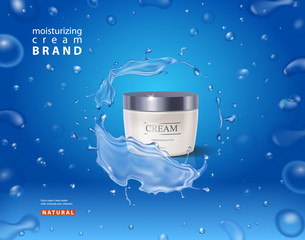 Moisturaizing cream realistic container in water splash on blue background