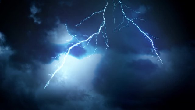 Super slow motion lightning storm on cloudy background