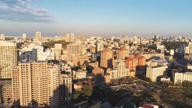 Kiev aerial panoramic cityscape with construction sites and many residential apartment buildings.