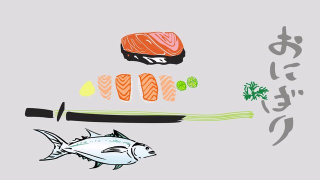                             footage  of big salmon sushi with word ,samurai sword and chef