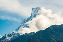 Machhapuchhre mountain (Mt.Fish tail) the holy mountains in Hindu religion believed it the rest place of God Shiva view from Annapurna Sanctuary, Nepal.